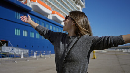 Woman enjoying cruise port with arms wide against blue ship on sunny day wearing sunglasses smiling cheerfully showcasing travel excitement and freedom outdoors.