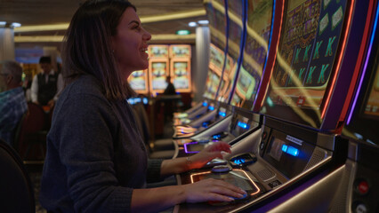 Woman playing slot machine in vibrant las vegas casino setting, capturing excitement and energy of nightlife with bright lights and intense concentration indoors.