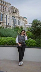 Woman standing outdoors in monaco looking relaxed in luxury surroundings with lush greenery, a young hispanic appearance, stylish glasses, and elegant fashion.