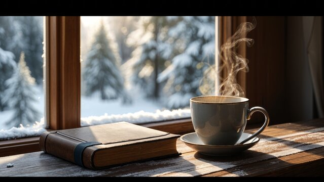 Cup of hot morning coffee or tea and opened book on vintage windowsill. Cozy winter background. Still life concept. Tea Day