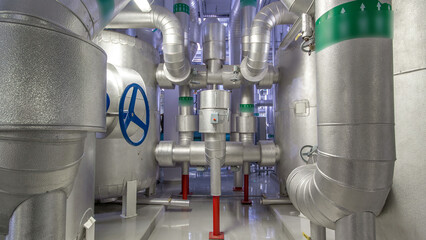 Equipment, cables and piping as found inside of industrial chiller plant room timelapse hyperlapse