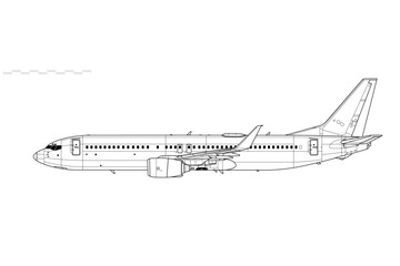 Boeing 737-800 Next Generation. Vector drawing of narrow-body jet airliner. Side view. Image for illustration and infographics.