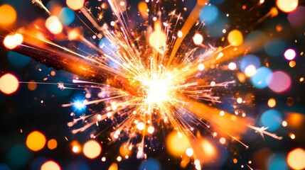 Fototapeta premium Close-up of a bright sparkler, with a bokeh of twinkling lights in the background.