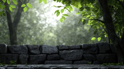 Fototapeta premium A serene forest scene featuring a moss-covered stone wall, vibrant green leaves, and soft, diffused light filtering through the trees, Ideal for nature-themed projects, backgrounds