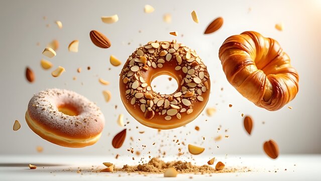Fresh croissant Nuts bread with chocolate puff pastry dough lies, Breakfast sweet bun and croissant baguette Isolated mood on white background, Generative ai illustration.	