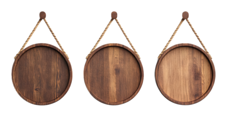 Set of empty wooden hanging boards on a wall on a transparent background. isolated background.