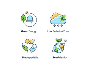 Fototapeta premium Sustainability Icons Collection: Green Energy, Biodegradable, Low Emission Zone, Eco-Friendly. Vector Icons Set.