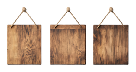 Set of empty wooden hanging boards on a wall on a transparent background. isolated background.