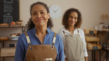 Women bakers standing in a bakery shop with bread display in the background, smiling confidently in their aprons