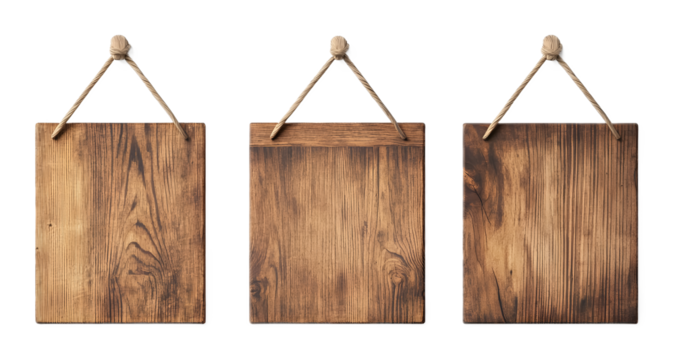 Set of empty wooden hanging boards on a wall on a transparent background. isolated background.
