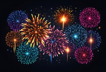 Festive fireworks colorful display isolated in bursting shapes on black background. Beautiful light for celebration. Show explosion happy new year wallpaper.