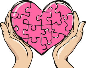 Fototapeta premium Hands holding a pink puzzle heart symbolizing love and connection. Hands cradle a pink puzzle heart, representing unity and affection, a concept vector illustration.