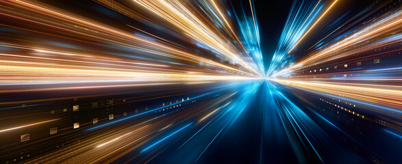Fototapeta premium Long streaks of orange and blue light moving fast on night city street. Futuristic digital style on a black background. Speed and motion concept. 3d illustration