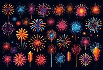 Festive fireworks colorful display isolated in bursting shapes on black background. Beautiful light for celebration. Show explosion happy new year wallpaper.