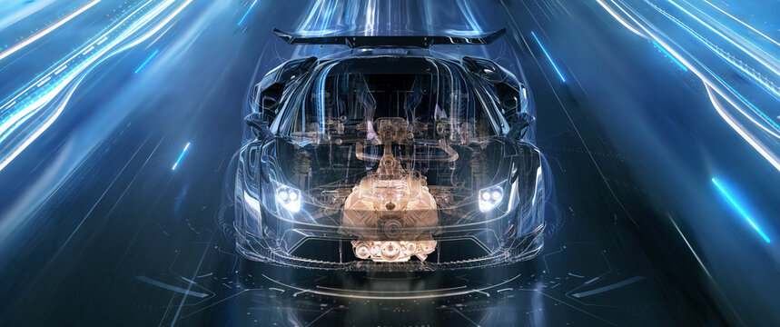 A transparent sports car with internal engine components, on a futuristic, high tech background. Speed and technology concept. 3d illustration