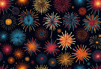 Festive fireworks colorful display isolated in bursting shapes on black background. Beautiful light for celebration. Show explosion happy new year wallpaper.