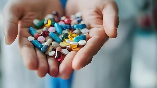 Hands holding a variety of colorful pills and capsules.