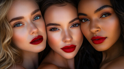 Naklejka premium Three beautiful models with different ethnicities posing together, showcasing flawless makeup with vibrant red lipstick