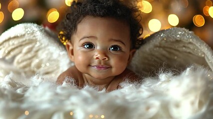 A joyful baby with angel wings smiles surrounded by festive decorations during holiday season