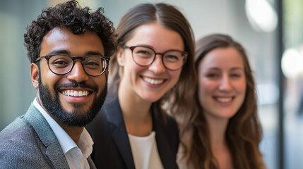 Happy businesspeople smiling in modern office, representing teamwork, diversity, and workplace achievement