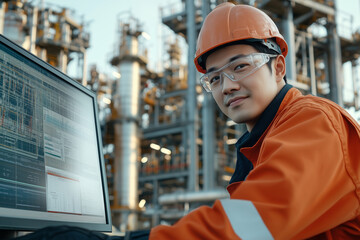 Engineer analyzes data on computer monitor in gas facility during daytime