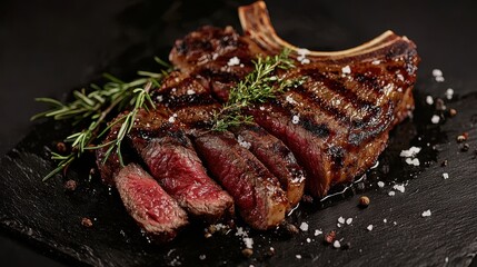 Dry Aged Barbecue Porterhouse Steak T-bone beef steak sliced with large fillet piece with herbs and salt. American meat restaurant.
