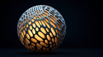 Abstract 3D sphere with perforated surface and warm glowing light inside, set against a dark background, creating a futuristic aesthetic.