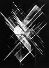 Obraz premium Black and white drawing of an abstract form. The figures have straight lines that create negative space between them. They seem to be made of glass or plastic, the surface of which reflects light. 
