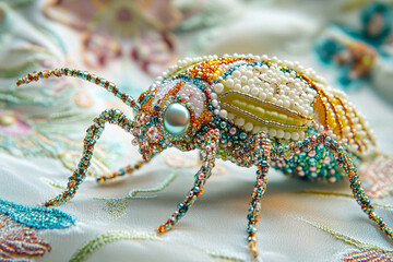 A stunningly detailed beetle crafted from vibrant beads and metallic threads, featuring shimmering greens and blues with gold accents