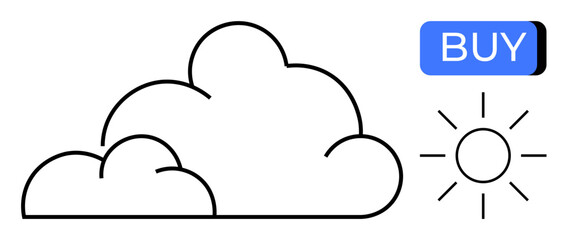 Simple line drawing of a cloud and sun with a Buy button. Ideal for e-commerce, online shopping, weather apps, app interfaces, climate icons, digital storefronts, and advertisements. Line metaphor