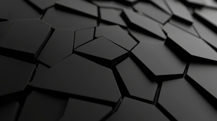 A close-up view of sleek black hexagonal tiles arranged in a geometric pattern, This versatile image is ideal for backgrounds, design projects, or technology-themed content,