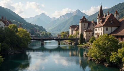 Obraz premium River valley with old town and stone bridge, scenic historical landscape