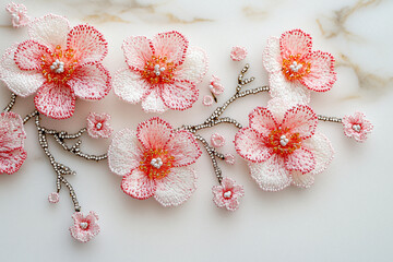 An elegant arrangement of handcrafted pink flowers made from fine beads and threads, set against a smooth pastel backdrop