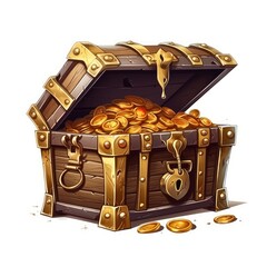 An Overflowing Treasure Chest Filled with Gold Coins, Glimmering Brightly in a Fantasy Style, Suitable for Adventure and Pirate Themes, Digital Art Illustration