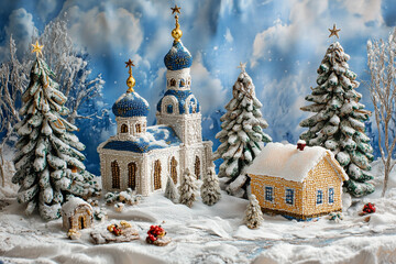 Fototapeta premium An intricate beaded landscape depicting a snowy village with golden highlights.