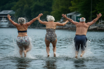 Joyful mature couples leaping into a serene lake during a warm summer day