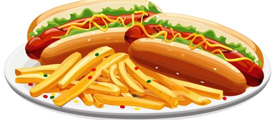Plate With French Fries And Hot Dogs On Table