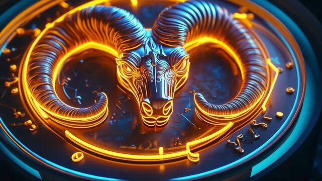 Glowing neon aries ram sign representing zodiac astrology