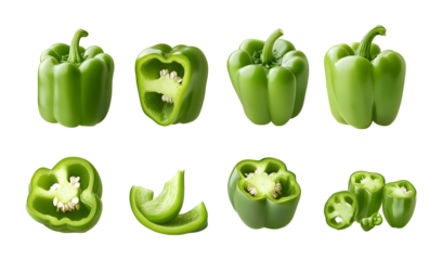 Set of fresh whole and sliced green bell pepper isolated on a white background