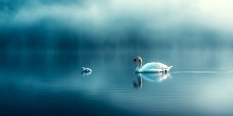 A serene scene of a swan and its cygnet gliding gracefully across a misty lake. The calm water reflects their elegance beautifully. Ideal for nature lovers. AI