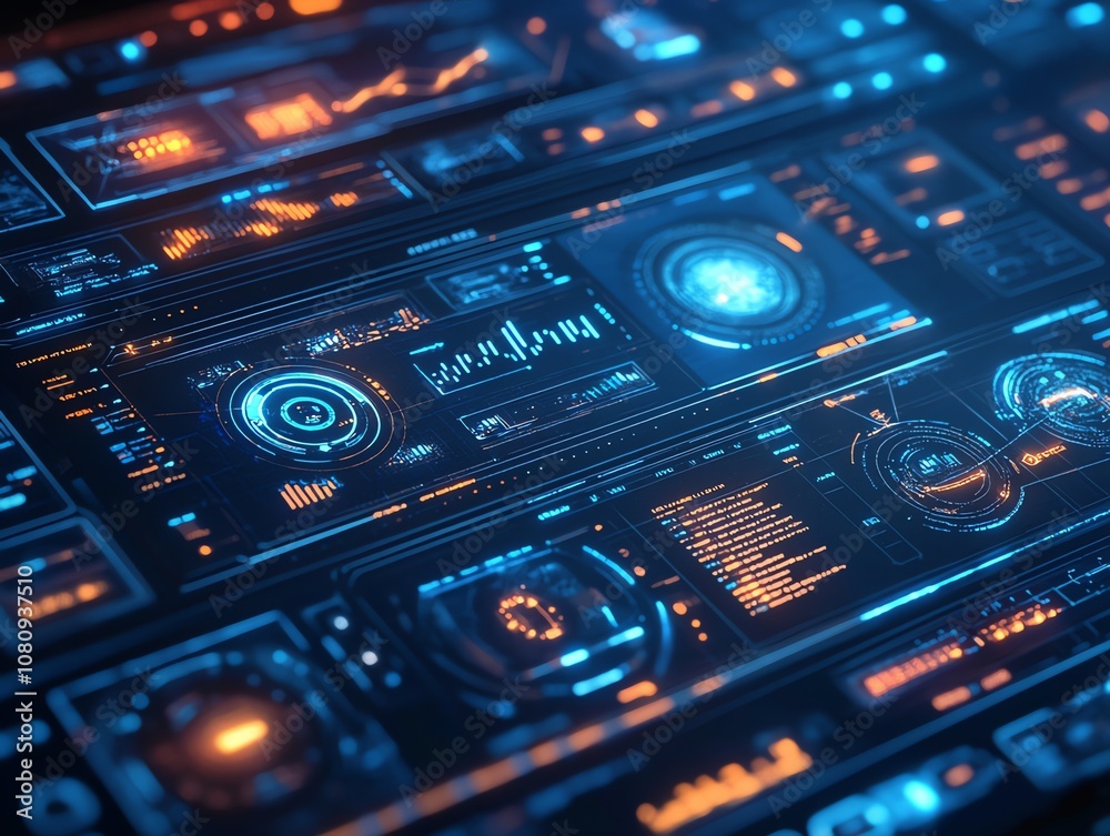 Poster Futuristic user interface with digital data and graphs displayed on a screen with glowing blue and orange lights.
