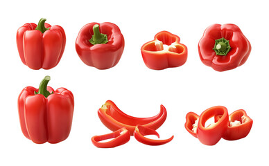 Set of fresh whole and sliced green bell peppers on a white background. isolated background.
