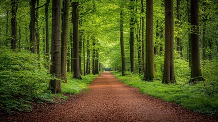 Walkway in a green spring beech forest in Leuven, Belgium. Atmospheric landscape for eco tourism.