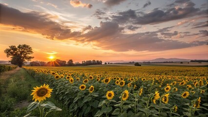 Obraz premium beautiful golden sunset over tall sunflower field with vibrant yellow petals, botanical landscape, countryside scene