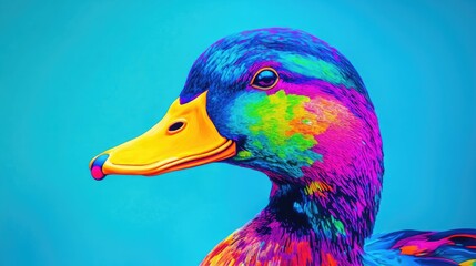 Neon Duck Portrait in a Retro Pop Style Against a Bright Cerulean Background