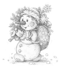 Funny snowman carrying a gift bag and a small green Christmas tree from a winter forest to decorate for merry holidays, grayscale hand pencil drawing on a white background