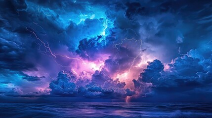 Vivid atmospheric phenomenon featuring lightning and thunder showcasing striking colors and weather elements indicative of an approaching storm with powerful cumulonimbus clouds