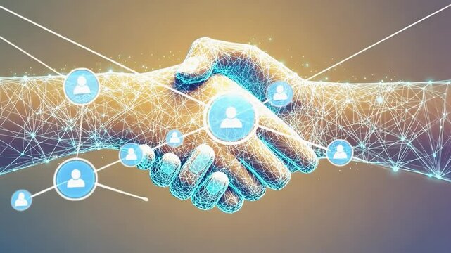 Digital handshake closing business deal representing partnership and human resources