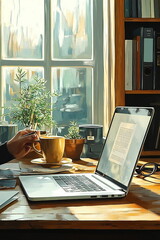 Fototapeta premium A person enjoys a cup of coffee while working on their laptop by a window. The sunlight streams through the window, creating a warm and inviting atmosphere.