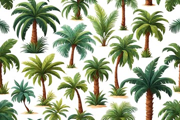 Palm Growth Plants with Frond Leaves on Top of Unbranched Stem Big Vector Set